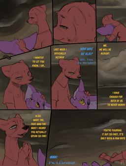 anthro beach big_ears blue_text clothed clothing cloud dialogue duo eyes_mostly_closed groggy headpat narrowed_eyes text yellow_eyes yellow_text conditional_dnp dacad tyler_(dacad) zipper_(dacad) bat domestic_ferret mammal mustelid musteline true_musteline weasel comic english_text hi_res restricted_palette