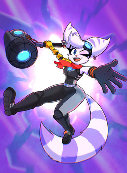 anthro belt blue_eyes boots breasts clothing cybernetic_arm cybernetic_limb ear_piercing ear_ring eyebrows eyelashes eyewear eyewear_on_head female footwear fur gloves goggles goggles_on_head hammer handwear head_tuft markings one_eye_closed piercing red_scarf ring_(marking) ring_piercing ringed_tail scarf shoes solo striped_body striped_fur striped_markings striped_tail stripes tail tail_markings teeth tools tuft white_body white_fur wink roboticsteve ratchet_and_clank sony_corporation sony_interactive_entertainment rivet_(ratchet_and_clank) lombax mammal 2026 absurd_res hi_res