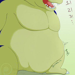 abdominal_bulge anthro belly big_belly blue_body male male_pred open_mouth overweight overweight_male rumbling_stomach sharp_teeth struggling struggling_prey teeth text tongue vore yellow_body weisyr dragon_ball mythology giran dragon mythological_creature mythological_scalie scalie 1:1 hi_res