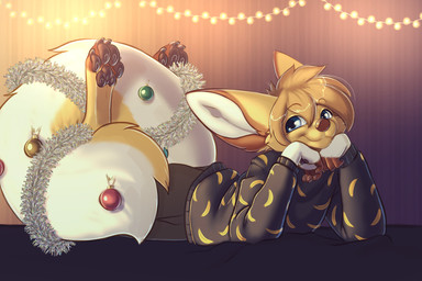 anthro biped bottomwear claws clothed clothed_anthro clothed_female clothing feet female fingers front_view fully_clothed fully_clothed_anthro fully_clothed_female fur hair holidays looking_at_viewer lying on_front smile solo tail toes topwear monstercheetah christmas magenta_(magenta7) canid canine fennec_fox fox mammal true_fox 2026 3:2 digital_drawing_(artwork) digital_media_(artwork) hi_res