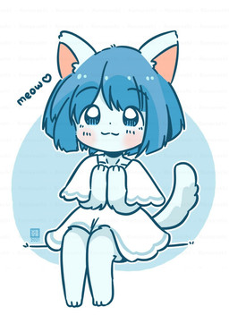 anthro blue_body blue_eyes blue_fur blue_hair blush chibi clothed clothing dialogue dress female fur hair heart_symbol meow short_hair simple_background smile solo tail text white_clothing white_dress konayachi wolfychu domestic_cat felid feline felis mammal 2021 digital_media_(artwork) english_text hi_res