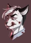 anthro blood bodily_fluids clothed clothing facial_hair goatee licking licking_lips licking_own_lips looking_at_viewer male self_lick solo tongue tongue_out adeloo canid canine mammal hi_res