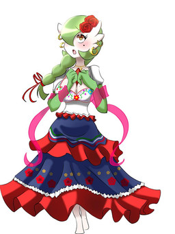 accessory beads bra braided_hair breasts brown_eyes cleavage clothed clothing cross cross_necklace dress ear_piercing ear_ring female flower flower_in_hair green_hair hair hair_accessory jewelry markings mexican_dress mole_(marking) necklace open_mouth piercing plant prayer_beads ring_piercing rosary solo underwear inkrait nintendo pokemon soledad_(atomic417) gardevoir generation_3_pokemon pokemon_(species) 3:4