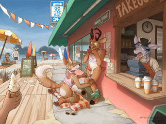 anthro anthro_on_anthro backsack balls beach cafe embarrassed exhibitionism genitals group looking_at_another looking_at_viewer male male/male male_anthro outside penis public public_exposure mynameiscomic cantio_(lawyerdog) nos_(mynameiscomic) panko_(lawyerdog) canid canine canis coyote deer mammal