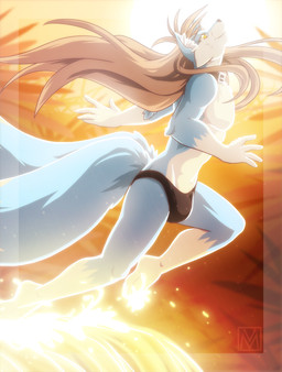2_tails 5_fingers anthro barefoot big_tail biped black_bottomwear black_clothing black_nose blue_body blue_fur blue_tail bottomwear brown_hair clothed clothing collar countershade_face countershade_torso countershading detailed_background eyebrows feet fingers fluffy fluffy_tail fur hair humanoid_hands inner_ear_fluff jumping long_hair long_tail looking_up male multi_tail multicolored_body multicolored_fur outside plant side_view snout solo speedo sun swimwear tail tree tuft two_tone_body two_tone_fur water white_body white_countershading white_fur yellow_eyes lapres mushni canid canine fox mammal 2012 digital_media_(artwork) watermark