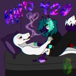 420_(number) anthro bed bong clothing cuddling drugs duo female fur furniture hair lying lying_on_bed male male/female marijuana on_back on_bed on_front oversized_clothing oversized_shirt oversized_topwear pajamas panties pantsless_female shirt shirtless_male simple_background smoke smoke_from_mouth smoking smoking_marijuana teeth text topwear underwear arcadeafterdark andromeda_(aad) mega_(aad) canid canine canis mammal maned_wolf reptile scalie snake viper 1:1 2023 absurd_res colored digital_media_(artwork) hi_res