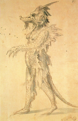 anthro arm_spikes beard biped breasts facial_hair female female_anthro feral horn nipples non-mammal_breasts nude nude_anthro nude_female plantigrade scales shoulder_spikes side_view simple_background solo spikes spikes_(anatomy) standing tail giuseppe_arcimboldo mythology public_domain dragon mythological_creature mythological_scalie scalie 16th_century absurd_res ancient_art hi_res pen_(artwork) traditional_media_(artwork)