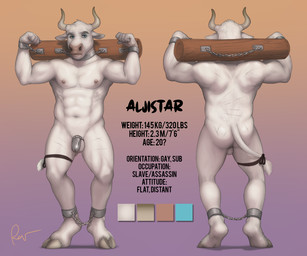 abs ankle_cuffs anthro assassin back_muscles back_scar balls bdsm biceps bondage bound butt chain chained chastity_cage chastity_cage_only chastity_device chastity_device_only collar cuff_(restraint) deltoids genitals hooves horn leg_scar looking_at_viewer male metal_chastity_cage metal_collar muscular muscular_arms muscular_thighs nude obliques pecs restrained_arms restrained_legs restraints scar simple_background slave solo standing triceps wearing_chastity_cage wearing_chastity_device white_balls yoke yoke_pose rov european_mythology greek_mythology mythology aljistar_(beefythebull) bovid bovine cattle mammal minotaur 2023 6:5 hi_res model_sheet