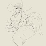 1:1 1_horn absurd_res anthro bard big_butt breasts butt clothing coffee_demon eileen_(coffee_demon) female hat headgear headwear hi_res horn kobold lute musical_instrument plucked_string_instrument scalie sketch solo string_instrument thick_thighs thong underwear
