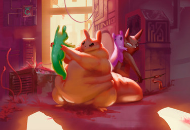 1_eye ambiguous_gender anthro belly big_belly big_tail black_eyes burn_scar carrying_another dewlap_(anatomy) explosive_spear explosives facial_scar female glistening glistening_body green_body group holding_another holding_child holding_object holding_weapon huge_belly improvised_weapon looking_at_another melee_weapon missing_eye obese orange_body overweight overweight_ambiguous overweight_anthro piggyback pink_body polearm rebar red_body scar spear tail weapon white_eyes citrusslugcat rain_world videocult artificer_(rain_world) gourmand_(rain_world) slugcat slugpup_(rainworld)