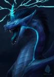 black_hair blue_body blue_eyes blue_markings blue_scales blue_tongue electricity feral forked_tongue glowing glowing_eyes glowing_horn glowing_nostrils hair horn markings open_mouth scales simple_background solo stripes teeth tongue allagar mythology dragon mythological_creature mythological_scalie scalie 2019 absurd_res blue_theme bust_portrait digital_media_(artwork) hi_res portrait