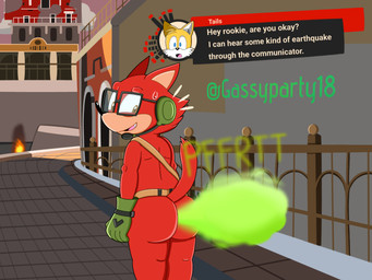 anthro background_smoke belt bodily_fluids butt butt_focus city clothing duo electronics embarrassed eyewear fart fart_cloud fart_fetish fire fur glasses gloves handwear headgear headphones headset male male/male male_farting offscreen_character rear_view red_body red_fur surprised sweat sweatdrop tail text wearing_glasses yellow_body yellow_fur supersonicparty18 sega sonic_forces sonic_the_hedgehog_(series) custom_character_(sonic_forces) gadget_the_wolf miles_prower canid canine canis fox mammal wolf 4:3 hi_res