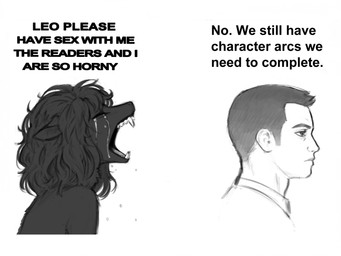 anthro black_body black_hair bodily_fluids crying dialogue duo female hair humor male male/female open_mouth sharp_teeth side_view simple_background tears teeth text white_background napalm_express babe_please_stop leo_(napalm_express) missy_(napalm_express) human mammal monster wolficus english_text hi_res monochrome