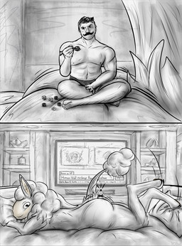 anthro big_butt big_ear blush body_sushi bottomwear butt ceiling chopsticks clothed clothing decoration duo ear_blush eating electronics extreme_size_difference female food food_fetish food_play fur inside interior_background kick looking_back looking_forward lying male male_human micro muscular muscular_human muscular_male news news_report on_butt pillow shorts side_view size_difference sketchy sushi tail tail_tuft television topless topless_human topless_male tuft united_nations wall_(structure) wobbling wool_(fur) yubirb rayman_eating_sushi the_nature_of_predators human mammal venlil_(the_nature_of_predators) hi_res monochrome