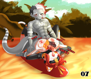 anthro beach big_breasts bodily_fluids breast_play breasts creases duo female genital_fluids genitals glans_lick hair lizard_tail looking_pleasured male male/female nipples oil orgasm penis pink_nipples pink_penis pose precum red_hair sex titfuck cranebear melicia_rossi_kiwameru felid feline lizardman mammal scalie absurd_res hi_res pinup