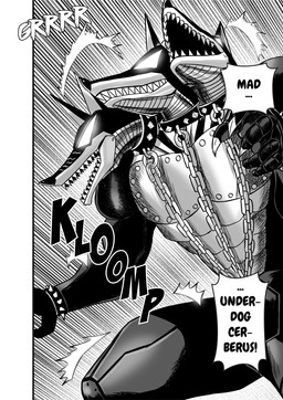ambiguous_gender collar evolved_raptora fancomic fight group growling imminent_death mad_underdog_cerbus multi_head offscreen_character trio underdog_men saizuart european_mythology greek_mythology mythology one-punch_man one_(manga) raptora canid canid_demon canine canis cerberus demon dobermann domestic_dog hellhound mammal mythological_canine mythological_creature pinscher robot_anthro hi_res