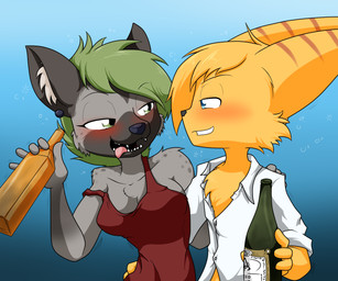 alcohol anthro beer beverage big_breasts blonde_hair blue_background blue_eyes blush breasts bubble chest_tuft cleavage clothed clothing collared_shirt dress_shirt drunk drunk_bubble duo ear_piercing ear_ring eyelashes female fingers fur green_eyes green_hair grey_body grey_fur grey_spots hair hand_on_hip inner_ear_fluff looking_at_another male markings multicolored_body multicolored_fur piercing ring_piercing sharp_teeth shirt simple_background smile spots spotted_body spotted_fur substance_intoxication tank_top teeth tongue tongue_out topwear tuft yellow_body yellow_fur sandwich-anomaly ratchet_and_clank sony_corporation sony_interactive_entertainment adrian_(adrianlombaxy) terri_(foxiwan) felid feline hyena lombax mammal spotted_hyena 2018 digital_media_(artwork)