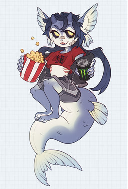 anthro bandage bandage_on_face belt big_ears black_clothing black_hair black_jacket black_sclera black_topwear bottomwear chibi clothed clothing crop_top ear_fins feet fin fish_tail flesh_fang food gills glowing glowing_eyes gradient_body grey_body grey_bottomwear grey_clothing grey_shorts hair holding_food holding_object horn jacket long_hair looking_at_viewer male monster_energy_can multicolored_body open_mouth popcorn relaxing scales shirt shorts simple_background smile solo tail tail_fin teeth text text_on_clothing topwear two_tone_body white_body yellow_eyes dcayorcus animal_humanoid aquatic aquatic_humanoid fish fish_humanoid humanoid digital_media_(artwork) hi_res shaded simple_shading