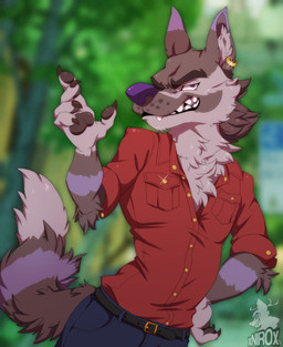 anthro bottomwear cheek_tuft chest_fur chest_tuft claws clothed clothing collared_shirt denim denim_bottomwear denim_clothing dress_shirt ear_piercing ear_ring eyebrows facial_tuft fangs fluffy fluffy_tail fur fur_markings grey_body grey_fur half-closed_eyes hand_on_hip jeans male markings multicolored_body multicolored_fur narrowed_eyes neck_tuft pants pawpads paws piercing pointy_ears pose purple_body purple_eyes purple_fur purple_nose red_clothing ring_piercing sassy shadow shirt smile smiling_at_viewer snaggle_tooth snout solo standing t-shirt tail teeth teeth_showing topwear tuft conditional_dnp xnirox dl_wolf_(dl2288) canid canine canis mammal wolf hi_res