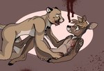 anthro blood blood_on_chest blood_on_face bodily_fluids brown_body butt drooling duo facial_spots male nude red_nose red_tongue saliva scared simple_background simple_eyes spots spotted_butt spotted_face spotted_shoulders tan_body teeth tongue tongue_out white_body wounded bucklucky lucky_(bucklucky) deer felid mammal new_world_deer white-tailed_deer signature trans_(lore) trans_man_(lore)