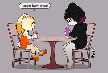 alternative_fashion anthro barefoot beanie beverage black_beanie black_bottomwear black_clothing black_hat black_headwear black_hoodie black_skirt black_topwear bottomwear chair clothed clothed_anthro clothed_female clothing cotton_tail dessert dialogue dress drinking drinking_straw duo emo eye_bags feet female female_anthro flat_shading food furniture glass gratitude grey_background happy hat headgear headwear highlights_(coloring) hoodie ice_cream looking_at_another minidress name_drop name_in_dialogue purple_highlights short_snout simple_background sitting skirt skullcap slim_anthro slim_female slim_young table text topwear young young_anthro young_female e254e sega sonic_the_hedgehog_(series) cream_the_rabbit veronica_(e254e) domestic_cat felid feline felis lagomorph leporid mammal rabbit 2025 absurd_res english_description english_text full-length_portrait hi_res portrait signature