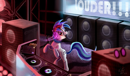 blue_hair concert cutie_mark detailed_background disc disc_jockey electronics eyewear female feral food hair headphones horn light looking_at_viewer multicolored_hair musical_note musical_symbol open_mouth performance quadruped rave record record_player red_eyes sandwich_(food) screen solo speaker sunglasses symbol tail text turntable_(decks) two_tone_hair tsitra360 friendship_is_magic hasbro my_little_pony mythology vinyl_scratch_(mlp) equid equine mammal mythological_creature mythological_equine unicorn 2011 english_text hi_res