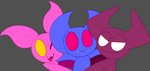 fangs female group group_hug happy horn hug hugging_another looking_at_viewer male not_furry one_eye_closed red_eyes smile smirk teeth white_eyes yellow_eyes mark_m batoc_(bugmag) vin_(bugmag) zilx_(bugmag) demon imp absurd_res hi_res