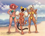 action_pose beach bikini black_tail braided_hair braided_pigtails breasts clothed clothing exposure_variation female front_view group hair humanoid_pointy_ears navel open_mouth pigtails ponytail pose red_hair shadow_face swimwear tail trio two-piece_swimsuit water white_hair abluedeer arc_system_works blazblue guilty_gear outlaw_star aisha_clanclan giovanna_(guilty_gear) taokaka felid human humanoid kaka_(blazblue) mammal tailed_humanoid 5:4