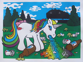 accessory alcohol beer beverage bodily_fluids bone bottle bow_(feature) bow_accessory bow_ribbon can cigarette cloud container cutie_mark detailed_background female feral fungus furgonomics grass horn makeup mascara mushroom plant pre-g4 rainbow ribbons solo tail tail_accessory tail_bow tail_ribbon technicolor_yawn toony trailer_(vehicle) tree vomiting wood unknown_artist hasbro mlp_g1 my_little_pony mythology fan_character equid equine mammal mythological_creature mythological_equine unicorn marker_(artwork) traditional_media_(artwork)