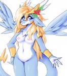 anthro blonde_hair blue_body blue_eyes blue_fur breasts female fur genitals hair long_hair navel nipples nude pussy smile solo tail inget konami mythology yu-gi-oh! saffira_queen_of_dragons dragon duel_monster furred_dragon furred_scalie mythological_creature mythological_scalie scalie digital_media_(artwork)