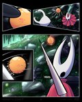 2023 4:5 arthropod battle black_body cloak clothing comic detailed_background digital_drawing_(artwork) digital_media_(artwork) duo english_text female hi_res holding_object holding_weapon hollow_knight hornet_(hollow_knight) humanoid jellli looking_at_another looking_at_viewer male orb plant red_cloak red_clothing rock shaded team_cherry text the_knight_(hollow_knight) throwing_object weapon