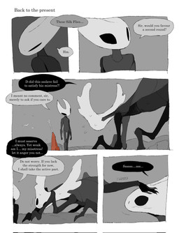 anthro biped black_body blush blush_lines bodily_fluids dialogue duo female female_anthro feral horn male male/female male_feral mostly_greyscale nervous nervous_sweat segmented_body speech_bubble sweat text justdog hollow_knight:_silksong hollow_knight_(franchise) team_cherry hornet_(hollow_knight) styx_(hollow_knight:_silksong) arachnid arthropod insect spider 2026 comic english_text hi_res