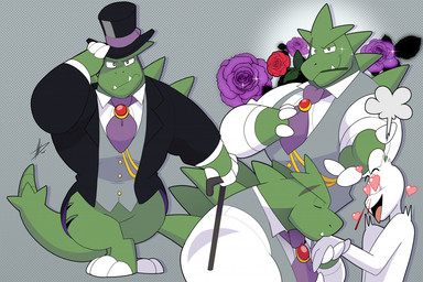 anthro black_tie_(suit) blood bodily_fluids bottomless bottomless_anthro bottomless_male cane clothed clothing duo flower flower_in_mouth front_view green_body hat headgear headwear heart_eyes heart_symbol holowear_(pokemon) kiss_on_hand kissing male nosebleed plant rose_(flower) rose_in_mouth smile suit top_hat topwear vest hikazedragon nintendo pokemon pokemon_unite anon tuxedo_style_tyranitar generation_2_pokemon humanoid pokemon_(species) tyranitar 2022