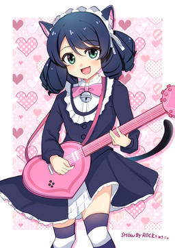 bow_ribbon clothing electric_guitar female guitar hair heart_symbol legwear musical_instrument plucked_string_instrument short_hair solo stockings string_instrument thigh_highs aoi_illust_2077 sanrio show_by_rock!! cyan_hijirikawa animal_humanoid cat_humanoid felid felid_humanoid feline feline_humanoid humanoid mammal mammal_humanoid absurd_res hi_res