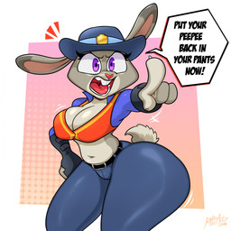 anthro big_breasts bottomwear breasts cleavage clothed clothing curvy_figure dialogue eyelashes female fur gesture gloves grey_body grey_fur hand_gesture handwear hat headgear headwear long_ears midriff navel open_mouth pointing purple_eyes scut_tail short_tail solo speech_bubble standing tail teeth text thick_thighs tongue topwear uniform voluptuous wide_hips 5tflldartist5 disney zootopia judy_hopps lagomorph leporid mammal rabbit 1:1 2026 absurd_res english_text hi_res signature