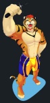 abs anthro athletic biceps biped bottomwear bulge clothed clothing fangs featureless_chest fur male markings muscular muscular_anthro muscular_male open_mouth pecs pose shorts solo standing stripes teeth tongue topless monchi felid mammal pantherine tiger 2012