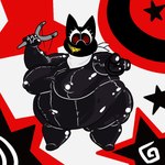 abstract_background anthro belly beta_design big_belly black_eyes bodily_fluids bodysuit clothing drooling eyelashes female gesture hand_gesture holding_object holding_weapon kerchief latex latex_clothing latex_skinsuit neckerchief neckwear obese obese_female overweight overweight_female pointing ranged_weapon rubber_clothing saliva skinsuit slingshot solo spiral_eyes standing tight_clothing toothy_grin weapon whiteraff atlus megami_tensei megami_tensei_persona sega beta_morgana_(persona) domestic_cat felid feline felis mammal 1:1