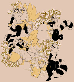 all_fours anthro big_breasts big_butt blush bodily_fluids breasts butt clothing cum cum_on_body cum_on_face cumshot duo ejaculation excessive_cum excessive_genital_fluids eyewear eyewear_on_head feathers female female_penetrated fondling from_behind_position genital_fluids genitals goggles goggles_on_head humanoid_genitalia humanoid_penis kneeling larger_female legwear looking_pleasured male male/female male_penetrating male_penetrating_female markings mostly_nude neck_grab onomatopoeia open_mouth penetration penis sex simple_background size_difference sound_effects standing stockings striped_markings striped_tail stripes tail tail_feathers tail_markings tan_background text thick_thighs torn_clothing torn_legwear torn_stockings underwear vaginal vaginal_penetration jinti anna_(luke154) rapid_panda ailurid avian bird cacatua cockatoo mammal parrot red_panda umbrella_cockatoo 2022 digital_media_(artwork) hi_res monochrome multiple_scenes