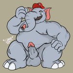 anthro balls belly clothing crouching erection facial_hair genitals grey_body hat headgear headwear male moobs mustache nipples nude overweight overweight_male penis solo trunk lunarcosmic mario_bros nintendo super_mario_bros_wonder elephant_mario mario elephant elephantid mammal proboscidean hi_res