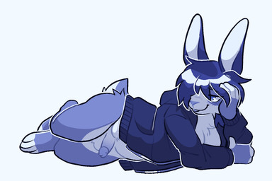 anthro blue_hair bottomless bottomless_anthro bottomless_gynomorph bottomless_intersex breasts chest_tuft cleavage clothed clothing countershading fur genitals gradient_penis gynomorph hair humanoid_genitalia humanoid_penis intersex jacket long_ears lying on_side penis purple_body purple_fur short_tail simple_background smile snout solo tail topwear tuft bittenbun paige_(bittenbun) lagomorph leporid mammal rabbit 2025 3:2 blue_and_white monochrome