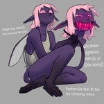 ambiguous_gender bangs blush clothing ears_down fangs hair humanoid_pointy_ears insect_wings pink_hair pink_sclera pink_teeth pivoted_ears pointy_ears purple_body purple_skin red_eyes shirt sitting solo tail tank_top teeth toothy_grin topwear wings thecore34 fey humanoid 1:1 absurd_res hi_res