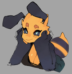 antennae_(anatomy) anthro biped blue_body blue_fur blue_sclera breasts cleavage closed_smile clothed clothing eyebrows female fur grey_background looking_at_viewer mouth_closed multicolored_body multicolored_fur pupils simple_background smile solo yellow_body goonie-san mercy_(goonie-san) arthropod bee hymenopteran insect