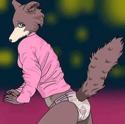 abdl ageplay anthro blue_eyes brown_body brown_fur butt clean_diaper clothed clothing diaper female fur goodnite infantilism pink_clothing pink_sweater pink_topwear pull-ups_(diaper) raised_tail roleplay smile solo sweater tail topwear wearing_diaper weirdawaddah beastars juno_(beastars) canid canine canis mammal wolf hi_res