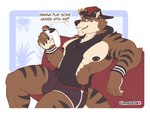 abs anthro controller fur game_controller male muscular muscular_anthro muscular_male nipple_piercing nipples pecs piercing solo stripes text cinnahipster kyo_(kiasano) mammal mustelid otter english_text hi_res