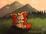 4:3 anthro black_body black_fur braixen cloud detailed_background ember_(nyakyu_arts) female fur generation_6_pokemon grass hi_res inner_ear_fluff nintendo outside plant pokemon pokemon_(species) red_body red_fur sky solo tuft venturedraws white_body white_fur yellow_body yellow_fur