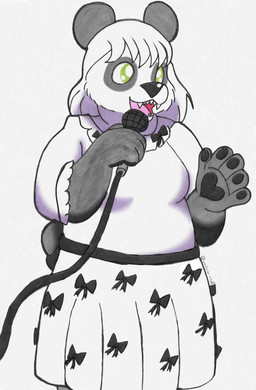 alternate_hairstyle anthro black_body black_clothing black_fur black_nose black_pawpads black_ribbons breasts clothed clothing cord dress electronics female fur fur_markings green_eyes hair markings medium_hair microphone open_mouth open_smile pawpads ribbons round_ears simple_background singing slightly_chubby smile solo tail teeth tongue white_body white_clothing white_fur white_hair lunarpanda8686 mika_(lunarpanda8686) bear giant_panda mammal ursine hi_res marker_(artwork) traditional_media_(artwork)