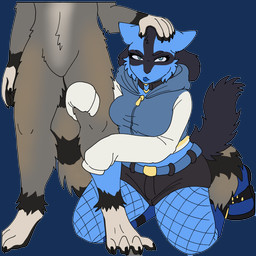 anthro bdsm blue_body blue_eyes blue_fur boots bottomwear clingy clothing collar cropped_jacket denim denim_bottomwear denim_clothing denim_shorts duo female fishnet_clothing fishnet_legwear footwear fur headpat hugging_legs jealous legwear makeup male male/female mascara petplay pokemorph roleplay shoes shorts simple_background tan_body tan_fur transparent_background ketzel99 arc_system_works guilty_gear nintendo pokemon ash_(asheod) bridget_(guilty_gear) j0lt generation_4_pokemon lucario mammal pokemon_(species) procyonid raccoon 1:1 alpha_channel digital_media_(artwork) hi_res