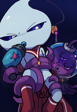 3_eyes ambiguous_gender ambiguous_humanoid antennae_(anatomy) blue_body blue_eyes boots cape clothed clothed_ambiguous clothed_humanoid clothing duo footwear holding_another holding_object holding_ranged_weapon holding_weapon mouthless multi_eye noseless purple_body ranged_weapon raygun red_boots red_cape red_clothing red_footwear shoes tentacles weapon shixiexiaomo maplestory nexon alien humanoid mateon zeta_gray 2025 cel_shading digital_media_(artwork) shaded