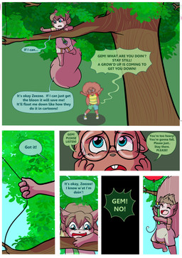 anthro balloon bottomwear clothed clothing dialogue duo eyewear female glasses inflatable male plant shirt shorts speech_bubble tail text topwear tree young babystar gemma_polson zeezee_(zee-zee) mammal rodent sciurid tree_squirrel comic english_text hi_res