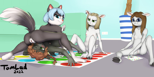 5_fingers 5_toes anthro anus big_tail black_body black_fur blonde_hair blue_eyes blue_hair blush board_game brown_hair butt clitoris detailed_background facesitting feet female female/female fingers flat_chested flexible fluffy fluffy_tail fur genitals green_eyes group hair hooves loli looking_at_another multicolored_body multicolored_fur nipples nude rear_view sitting sitting_on_another spread_legs spreading tail toes two_tone_body two_tone_fur vulva white_body white_fur young young_anthro tomlad twister black_sheep kate_(tomlad) mae_(tomlad) petal_lafleur sammie_(tomlad) bovid canid canine canis caprine domestic_cat felid feline felis hybrid mammal sheep wolf 2022 absurd_res hi_res signature
